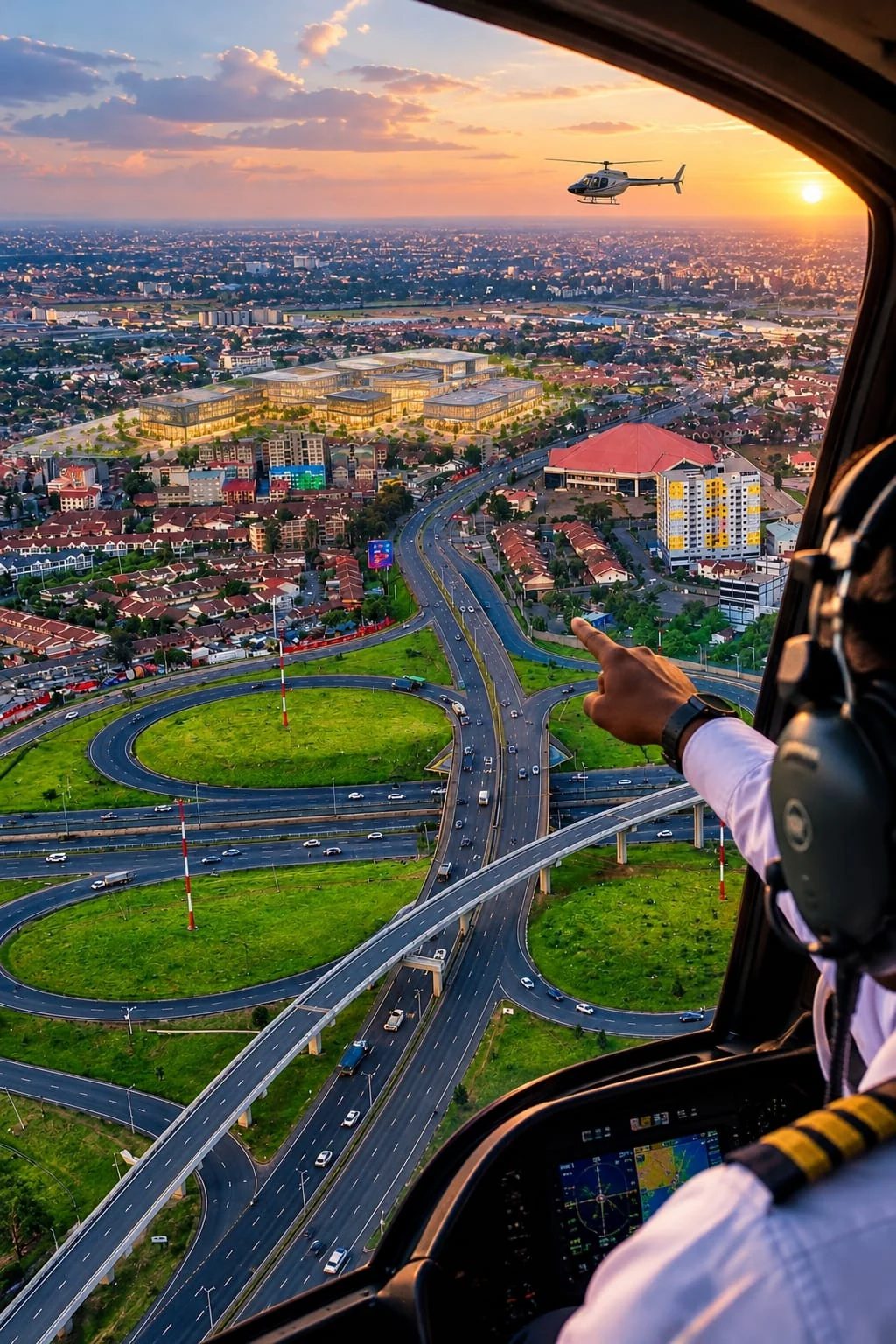 A person points toward a city from an aircraft at sunset, with a helicopter in the distance.
