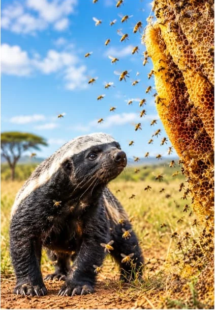 A honey badger investigates a honeycomb in the African landscape