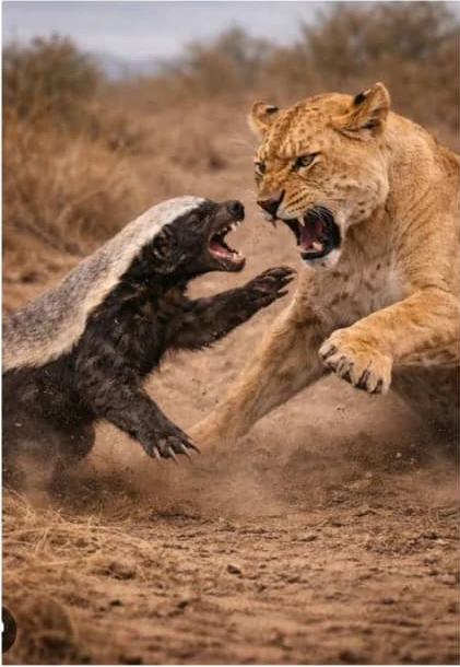 A honey badger faces a larger animal