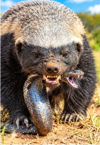 A honey badger carries a snake